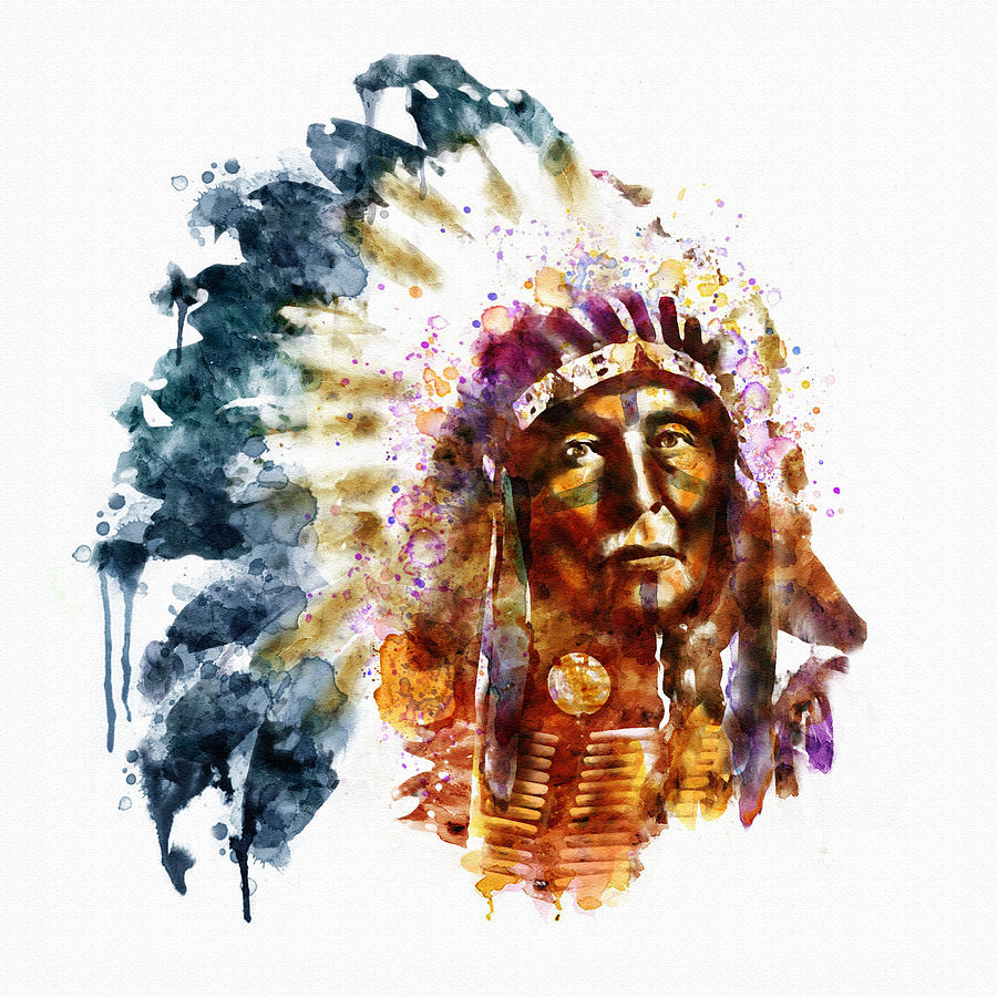 900x900 Native American Chief Painting By Marian Voicu - Native American Watercolor