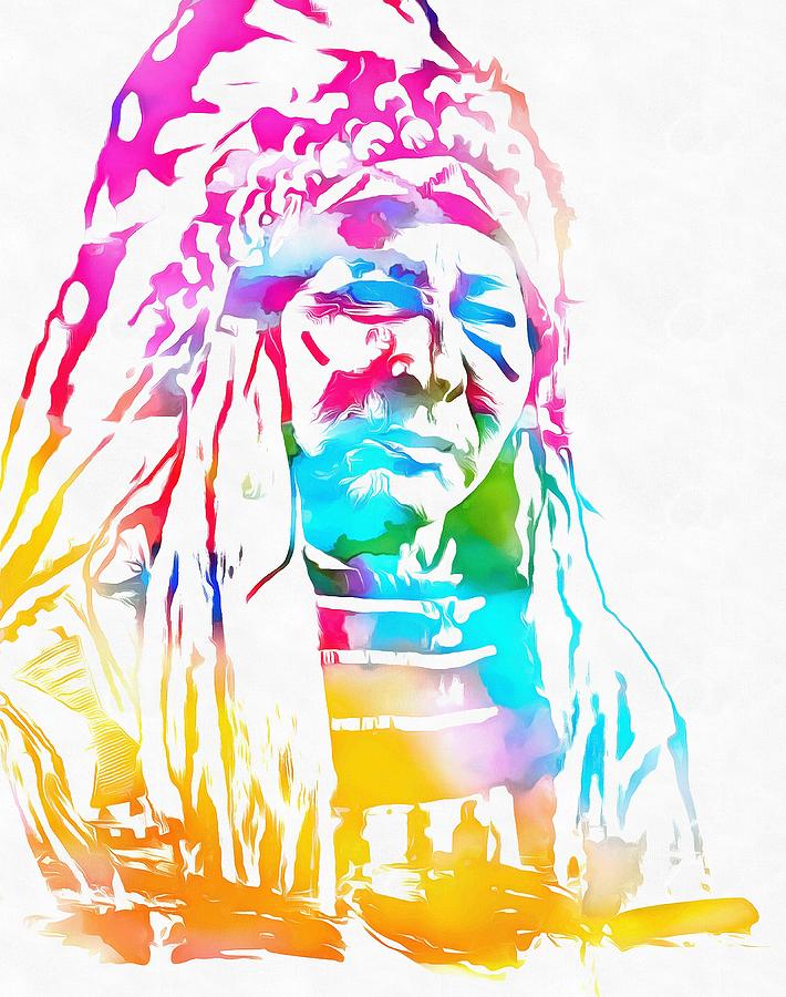 710x900 Native American Chief Watercolor Headdress Painting By Dan Sproul - Native American Watercolor