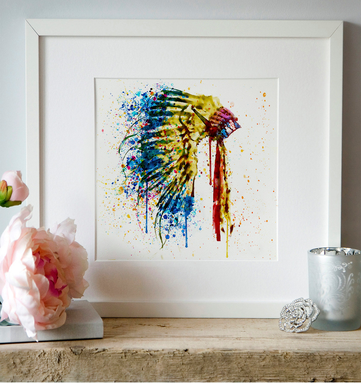 1208x1280 Native American Feather Headdress Watercolor Painting Wall Art - Native American Watercolor