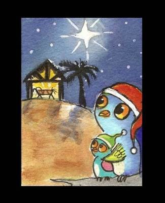325x400 Aceo Owl Nativity Scene Christmas Holiday Original Watercolor Art - Nativity Scene Watercolor