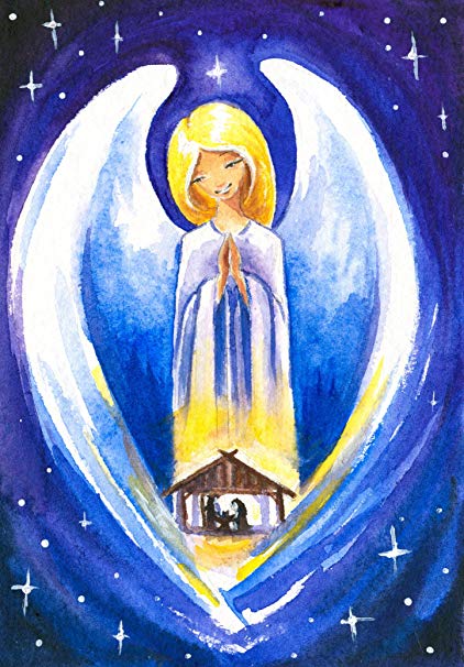 422x606 Praying Angel Over Nativity Scene Watercolor Painting - Nativity Scene Watercolor