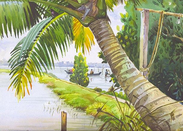 613x439 Green Nature Painting By Francis Xavier - Nature Watercolor Painting