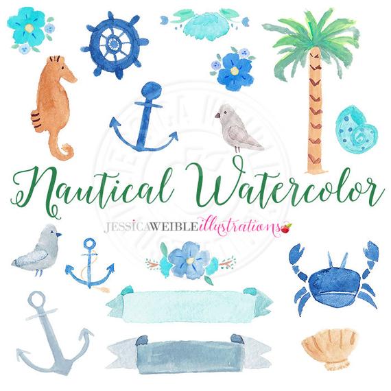 570x570 Nautical Watercolor Clipart Digital Watercolor Nautical Clip Etsy - Nautical Watercolor