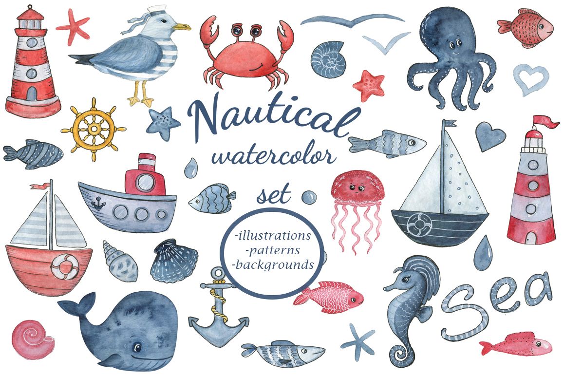 1158x772 Sea Dreams. Nautical Watercolor Set. Sea Clipart Collection - Nautical Watercolor