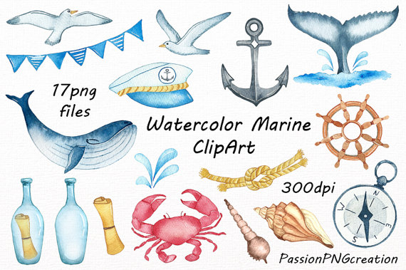 570x379 Watercolor Marine Clipart, Nautical Watercolor Clip Art, Png - Nautical Watercolor