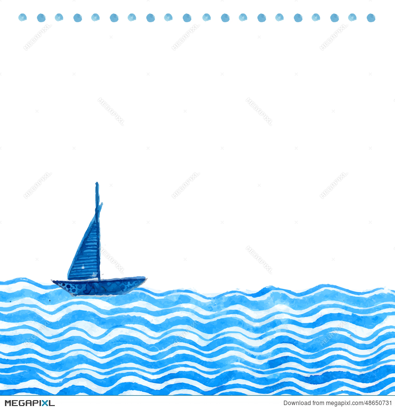 800x830 Nautical Watercolor Backdround With Hand Drawn Ship And Waves - Nautical Watercolor