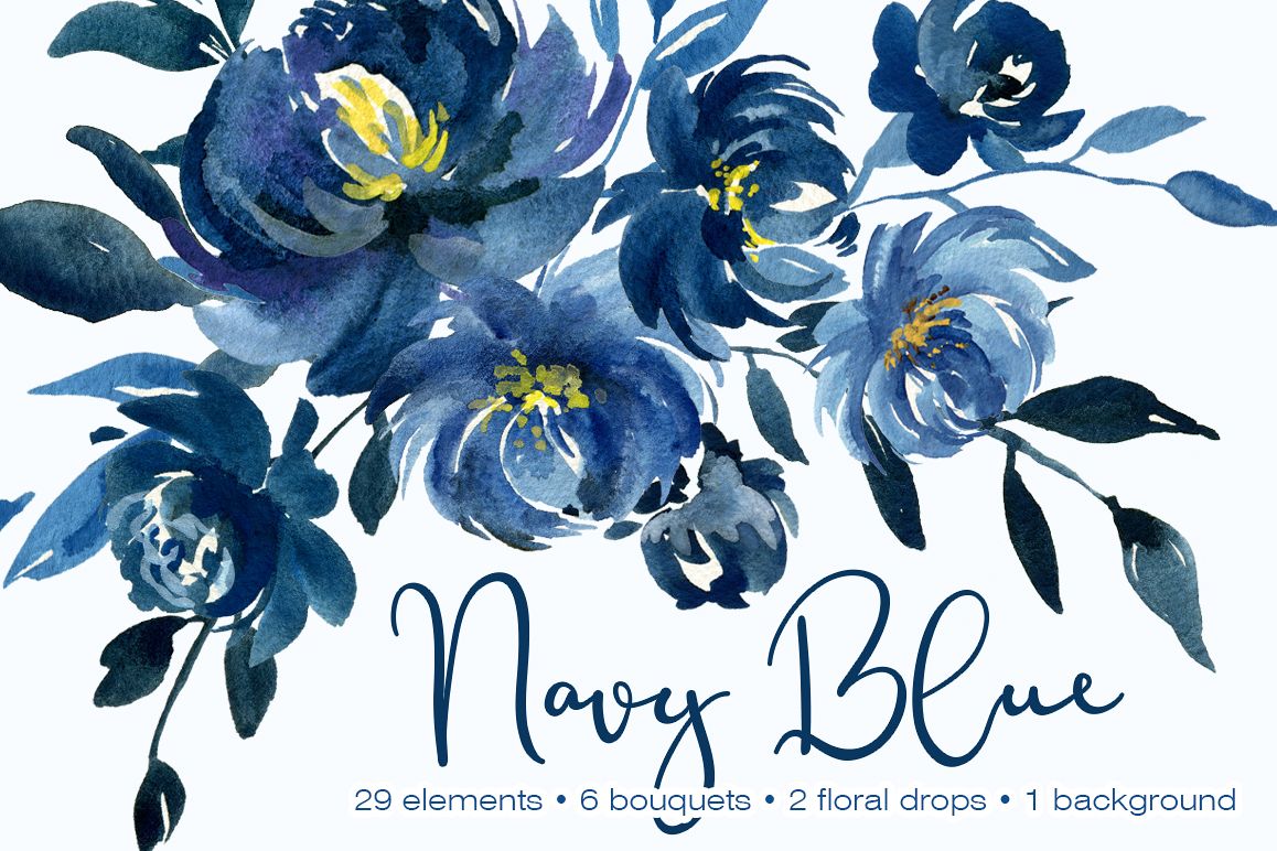 1158x772 Navy Blue Watercolor Peonies Flowers Collection - Navy Blue Watercolor