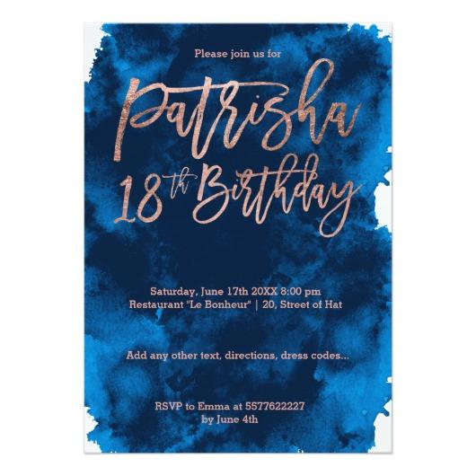 530x530 Rose Gold Typography Navy Blue Watercolor 18th Card Invitations 4 U - Navy Blue Watercolor