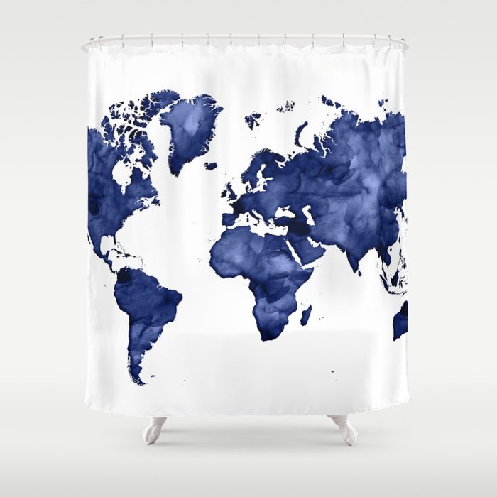 700x700 Dark Navy Blue Watercolor World Map Shower Curtain By - Navy Blue Watercolor