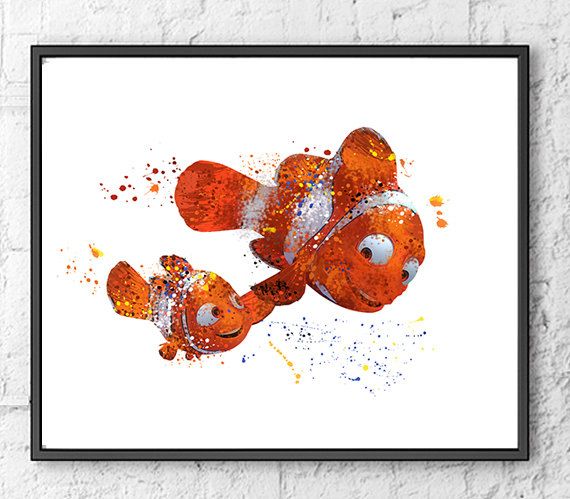 570x499 Nemo And Dad Watercolor Print, Finding Nemo Art Print, Movie - Nemo Watercolor