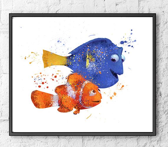 570x499 Nemo And Dory Watercolor Print, Finding Nemo Art, Kids Room Decor - Nemo Watercolor
