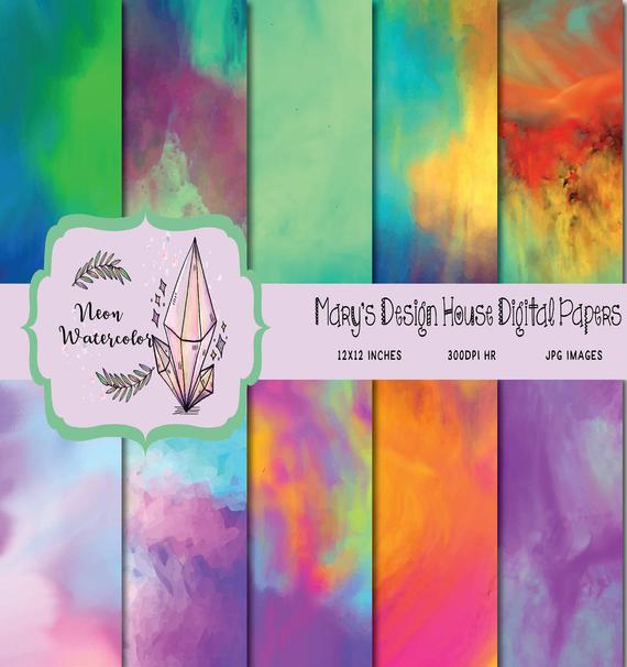 570x606 Watercolor Digital Paper Neon Watercolor Bright Colors Etsy - Neon Watercolor