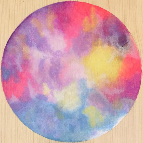 570x571 Enchanted Neon Watercolor Moon Wood Painting With Metallic Etsy - Neon Watercolor