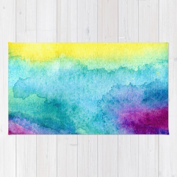 700x700 Modern Neon Yellow Blue Hand Painted Watercolor Rug By Girlytrend - Neon Watercolor Paint