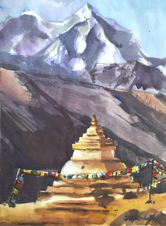 570x775 Mount Kantega Himalaya Nepal Watercolor Painting Himalaya Etsy - Nepal Watercolor