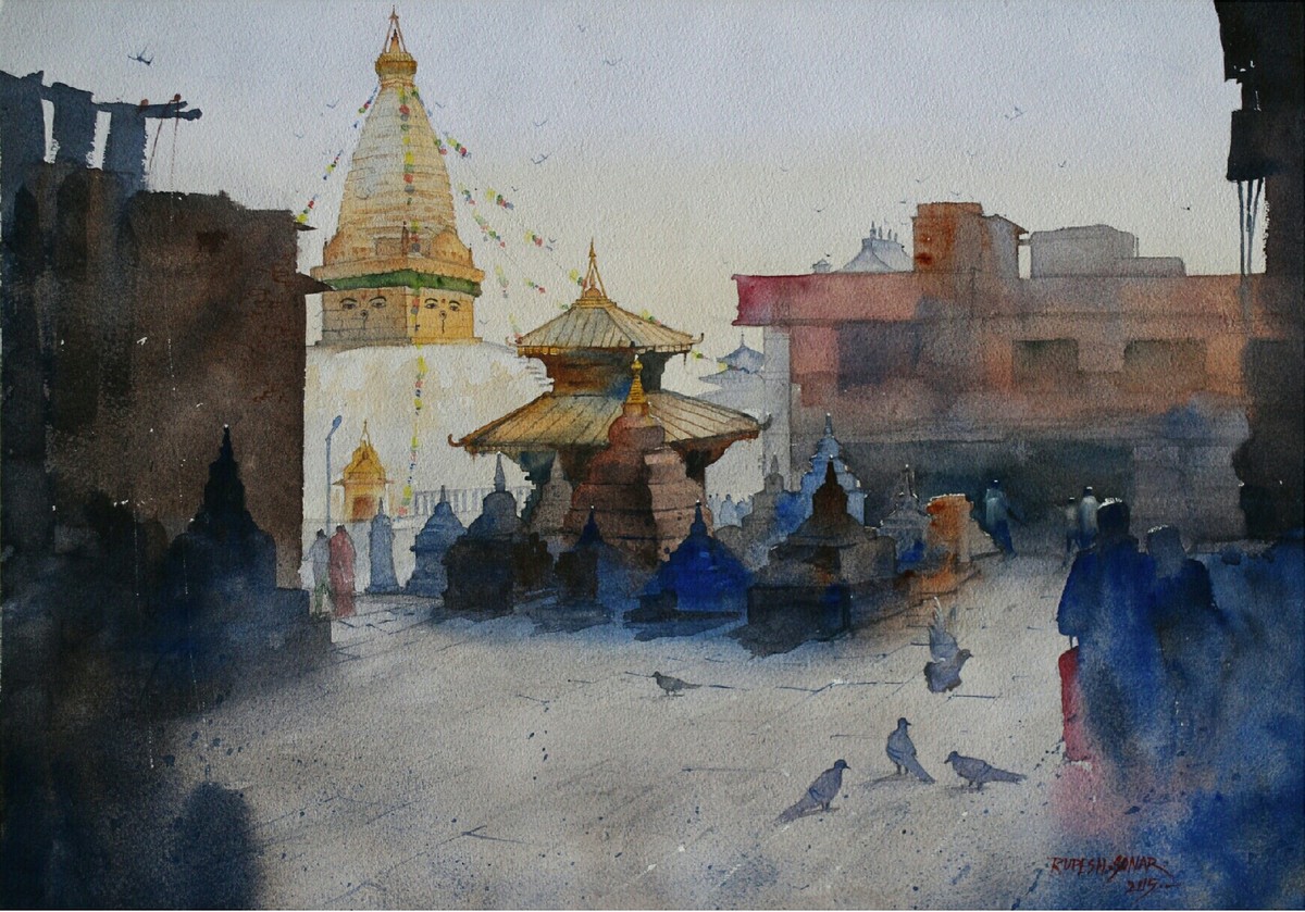 1200x839 Nepal By Artist Rupesh Suresh Sonar Impressionism, Painting - Nepal Watercolor