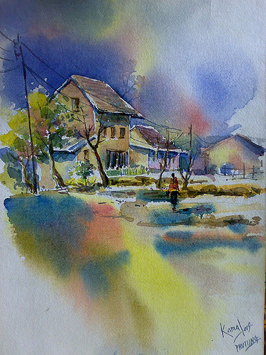 375x500 Nepal Watercolor Landscape Painting By Kamal Gurung - Nepal Watercolor