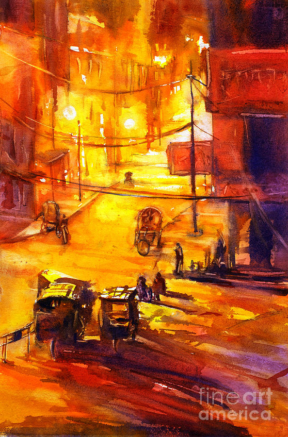 594x900 Watercolor Painting Of Kathmandu Street Nepal Painting By Ryan Fox - Nepal Watercolor