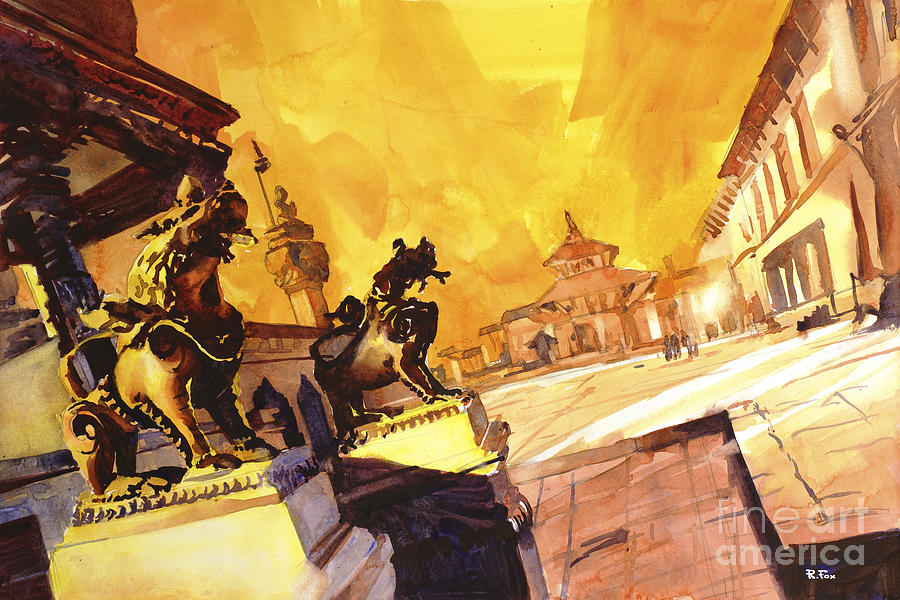900x600 Watercolor Painting Of Nepalese Statues Bhaktapur Nepal Painting - Nepal Watercolor