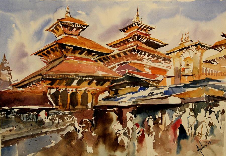 900x622 Welcome To Nepal Painting By Ashis Manna - Nepal Watercolor