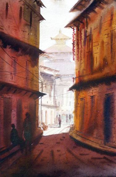 375x570 Bhakatapur Narrow Lane (Nepal) Watercolor On Paper Painting By - Nepal Watercolor