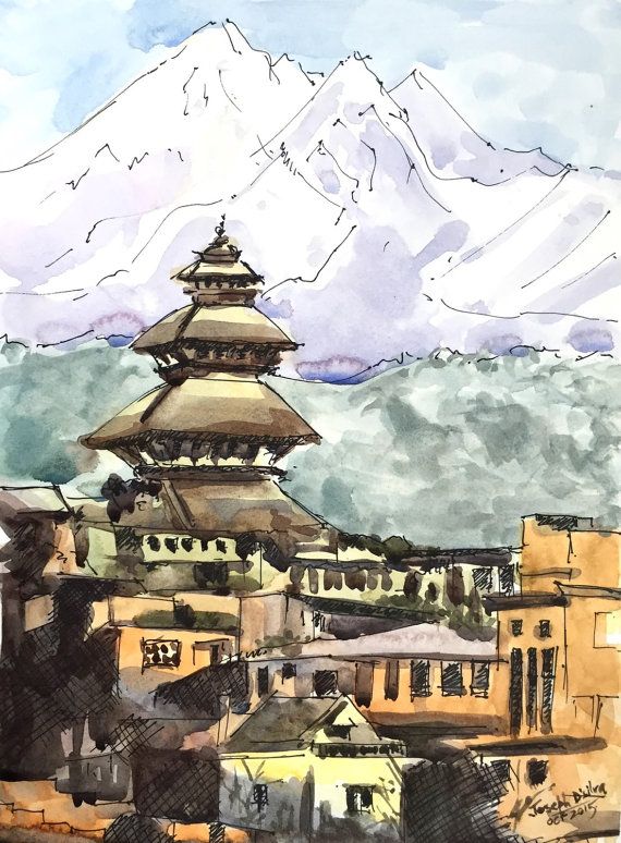 570x774 Bhaktapur, Nepal Watercolor Painting, Watercolors Paintings - Nepal Watercolor