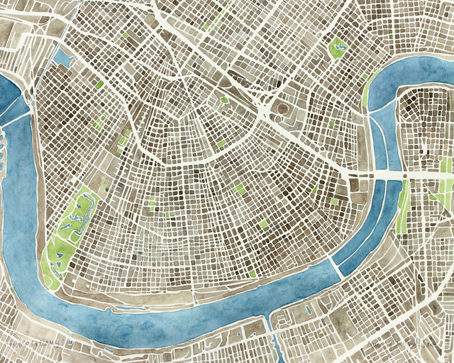 640x512 New Orleans Watercolor Map Sepia Green Blue - New Orleans Watercolor
