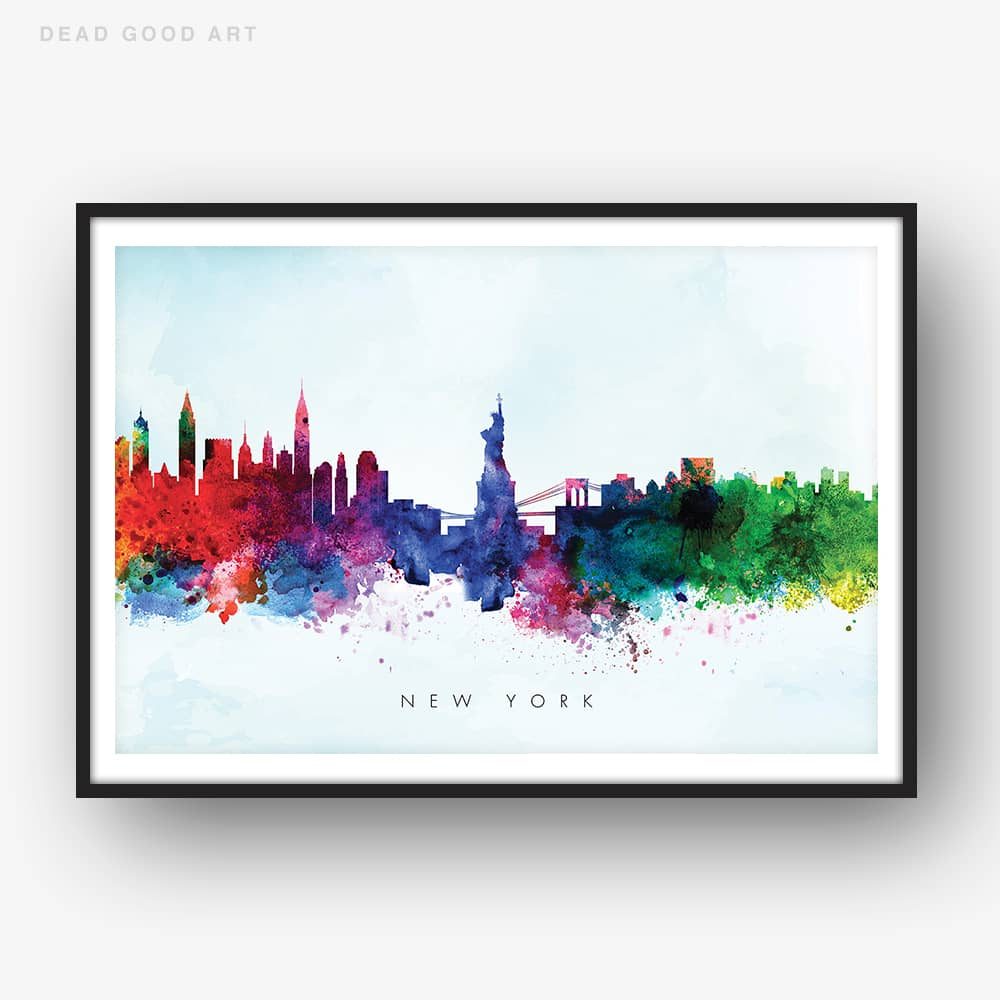 1000x1000 New York Skyline, Blue Wash Watercolor Print Dead Good Art - New York Skyline Watercolor