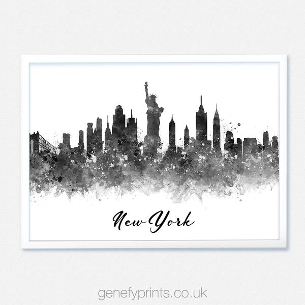 600x600 New York Skyline Black And White Watercolor Print - New York Skyline Watercolor