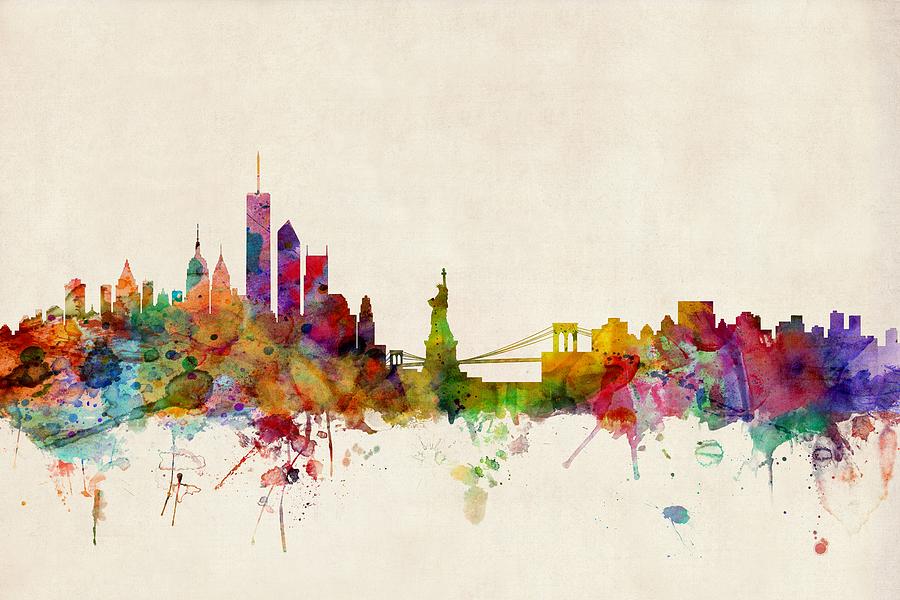 900x600 New York Skyline Digital Art By Michael Tompsett - New York Skyline Watercolor