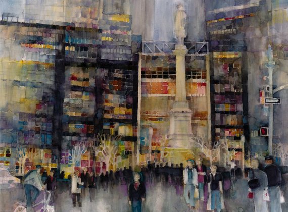 570x420 New York Watercolor Kodak Print Time Warner Columbus Circle Etsy - New York Watercolor