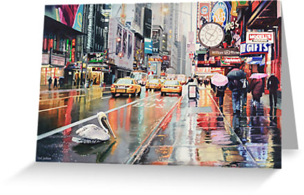 441x283 Detour Pelican In New York Watercolor Greeting Cards By Paul - New York Watercolor