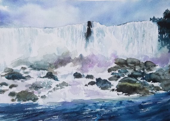 570x408 Niagara Falls Original Watercolor Painting Handmade Art Wall Etsy - Niagara Falls Watercolor