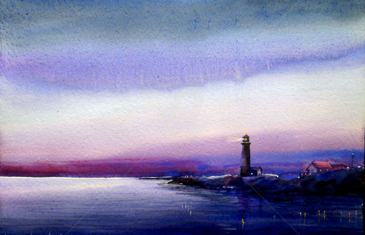 1200x771 Lighthouse - Night Watercolor