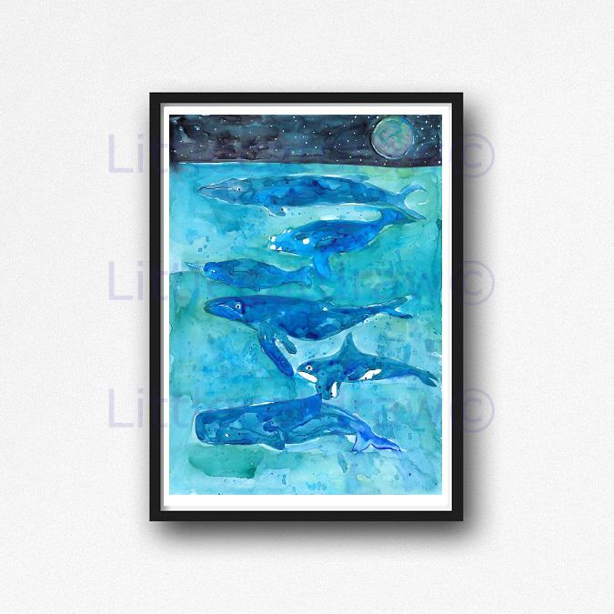 675x675 Buy Whale Stack Whales At Night Watercolor Painting Print - Night Watercolor