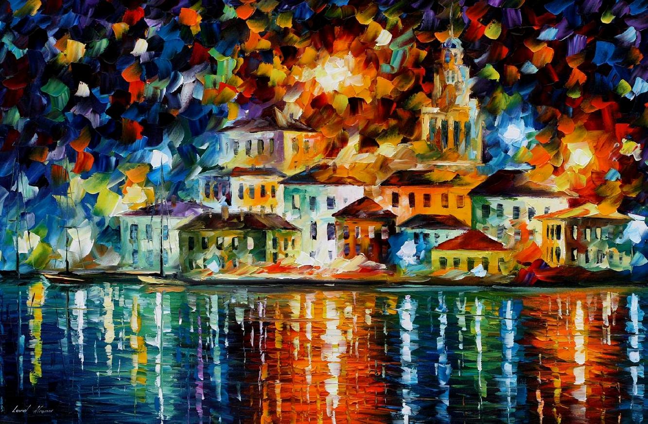 1333x872 Magical Night Harbor Palette Knife Oil Painting On Canvas By - Night Watercolor Painting