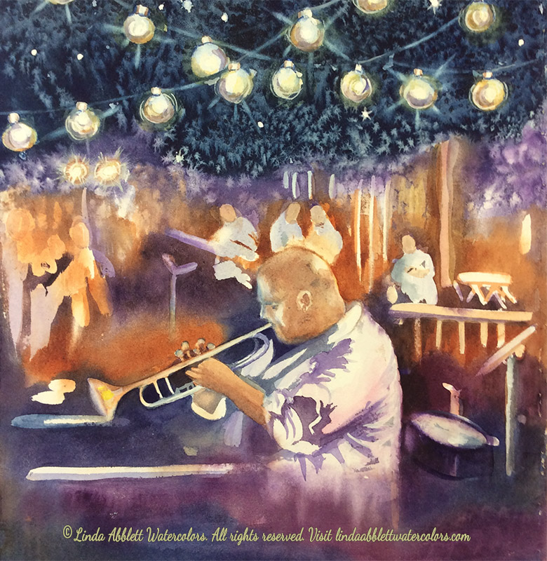 780x800 Music Under The Night Lights - Night Watercolor Painting