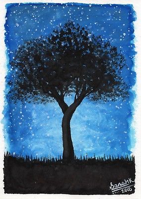 284x400 Starry Night Tree Framed Original Watercolor Painting 5x7 Signed - Night Watercolor Painting