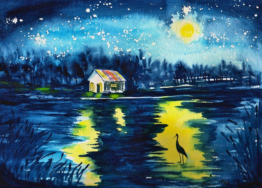 900x648 Starry Night Painting By Sharon Mick - Night Watercolor Painting