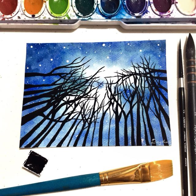 640x640 Watercolor Starry Night Sky Painting, Design Amp Craft, Artwork On - Night Watercolor Painting