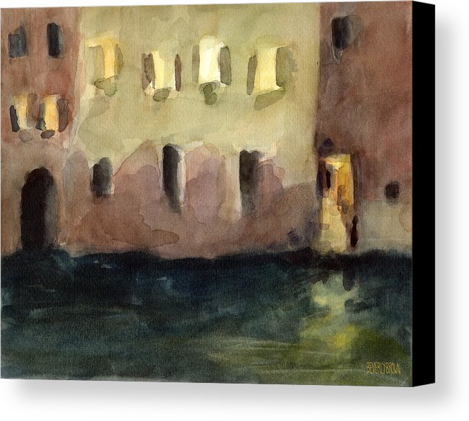 678x608 Yellow Windows At Night Watercolor Painting Of Venice Italy Canvas - Night Watercolor Painting