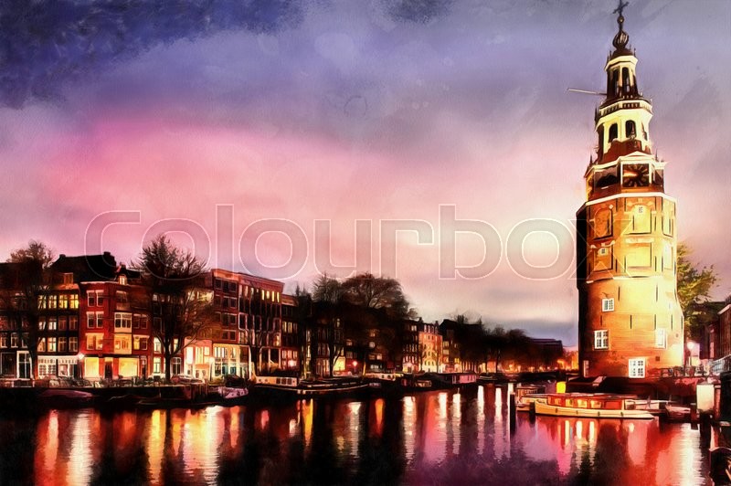 800x532 Beautiful Calm Night View Of Amsterdam City. The Works In The - Night Watercolor Painting