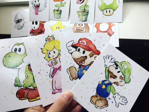 570x428 Mario Cards Nintendo Watercolor Postcards Painting Nintendo Etsy - Nintendo Watercolor