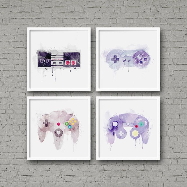 642x642 Nintendo Controllers Watercolor Art Print Set Video Game Art Etsy - Nintendo Watercolor