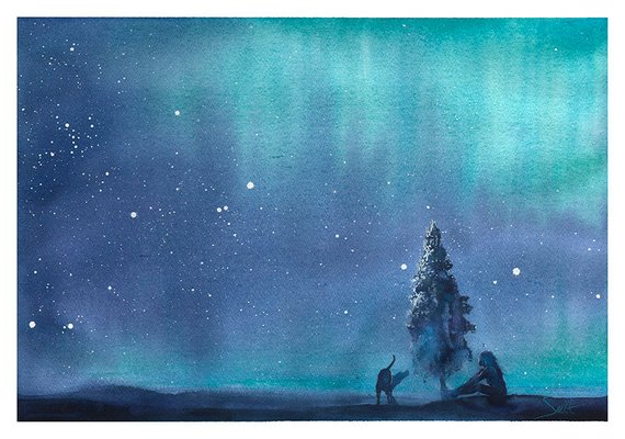 570x400 Northern Lights Watercolor Aurora Borealis Painting Night Etsy - Northern Lights Watercolor
