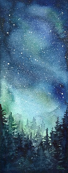 217x550 Watercolor Galaxy Nebula Aurora Northern Lights Painting Posters - Northern Lights Watercolor