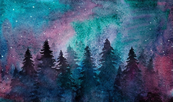 700x412 Watercolor Spruce Forest On The Starry Sky Background. Northern - Northern Lights Watercolor