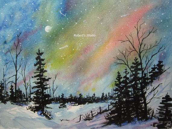 570x428 Winter Landscape Archival Print Northern Lights Watercolor Etsy - Northern Lights Watercolor