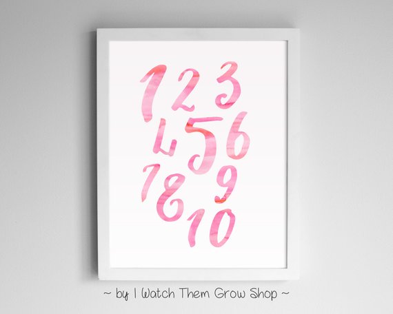 570x456 Pink Watercolor Numbers Wall Art, Printable Girl Nursery Art - Numbers Watercolor