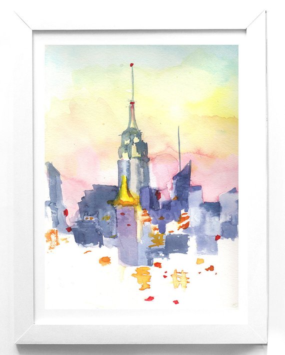 570x710 New York Print Watercolor Nyc Skyline Sunset Hand Signed Etsy - Nyc Skyline Watercolor